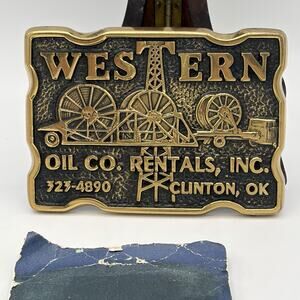 Vintage Solid Brass Belt Buckle Western Oil Co. Rental Oilfield USA Clinton OK